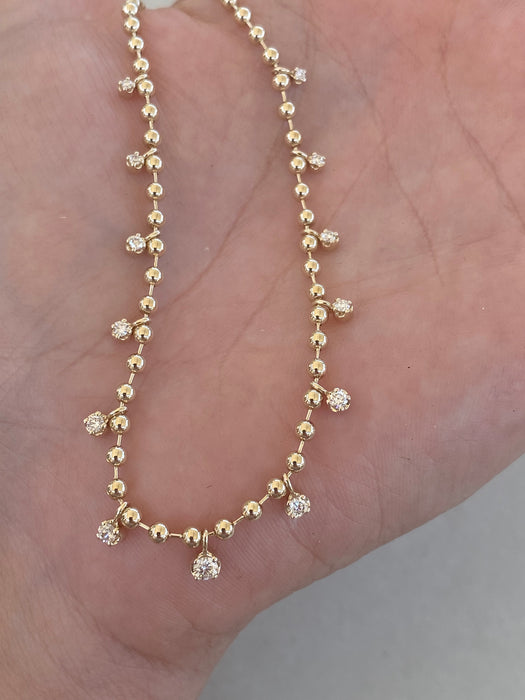 14K Gold Solid Bead Chain with Natural Diamond Drops