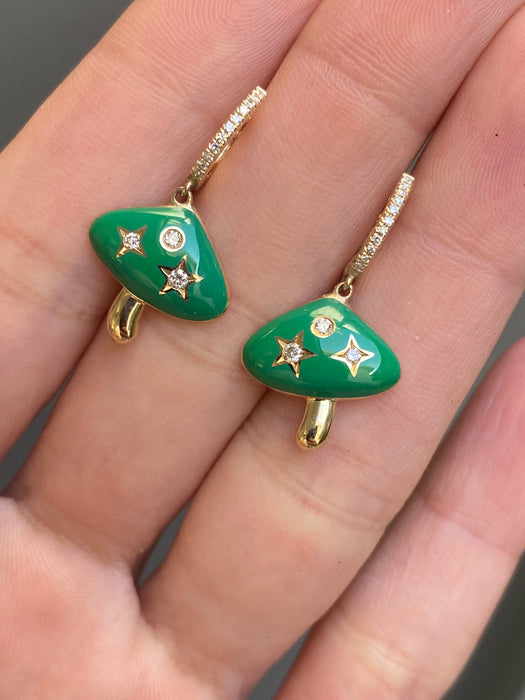 14k green enamel diamond mushroom huggie earrings