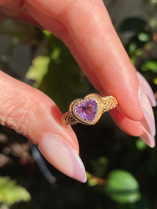 18K Gold Pink Sapphire Heart & Diamond Ring – 1.03 CT Unheated Sapphire – Size 6.5