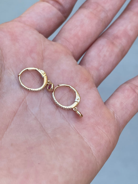 14K Gold Diamond Ruby Leverback Huggie Earrings