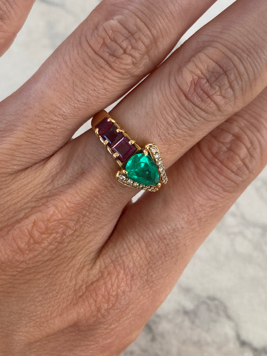Vintage 18K Emerald, Ruby & Diamond Ring