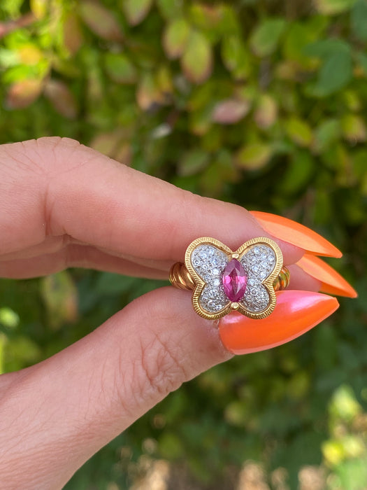 Vintage 18K & Platinum Diamond Ruby Butterfly Twist Croissant Ring – Size 5.5
