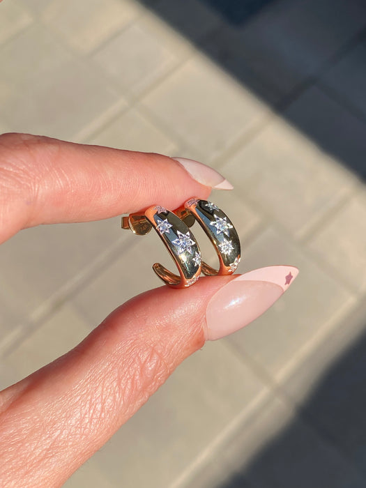 14K Gold Diamond Star Huggie J Hoop Earrings – 0.25 TCW