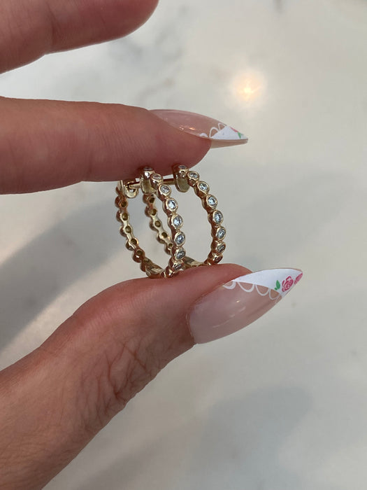 14K Gold Bezel Set Natural Diamond Huggie Hoop Earrings