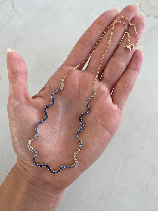14K Gold Wavy Ombre Blue Sapphire Necklace