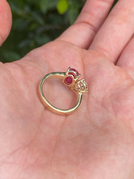 14K Gold Ruby & Pear Diamond Ring – 1 Carat Oval Ruby, 1 Carat Pear Lab Diamond, Size 4.75