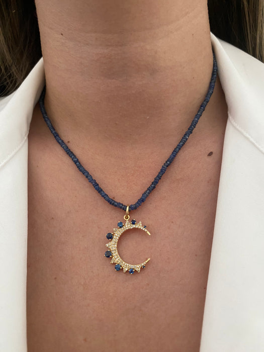 14K Gold Crescent Moon Charm with Blue Sapphire & Diamond Accents – 0.98 TCW