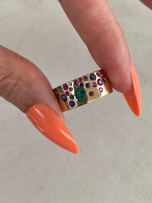 14K Gold Ruby, Emerald & Sapphire Cigar Ring Size 6.75