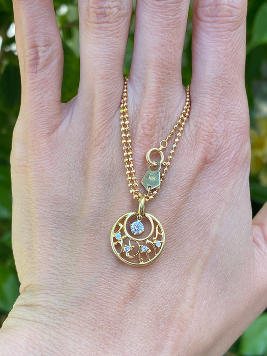 Vintage 18K Gold Bead Diamond Moon Pendant Necklace