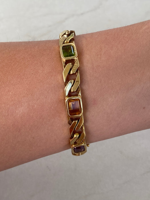 Vintage 14k Solid Gold Rainbow Gemstone Curb Bracelet | Emerald Cut Peridot Amethyst Citrine | 7”