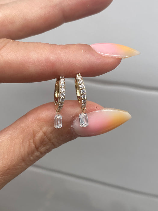 14K Gold Lab Diamond Huggie Earrings with Floating Emerald Cut Drop