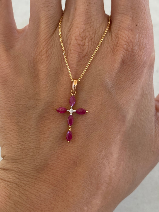 14K Rose Gold Ruby & Diamond Cross Pendant