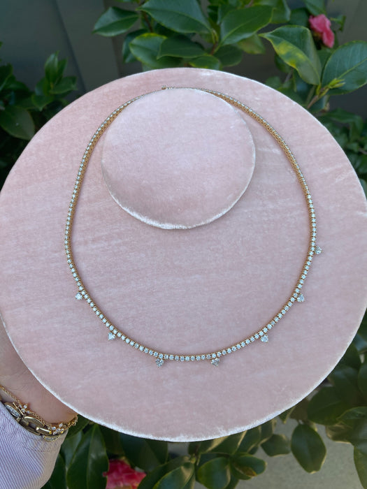 14K Lab Diamond Tennis Necklace with Heart Stations – 7.2 Carat Total, VS F, 16” Gold Heart Diamond Necklace