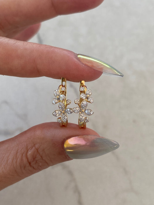 14K Natural Diamond Flower Huggie Earrings