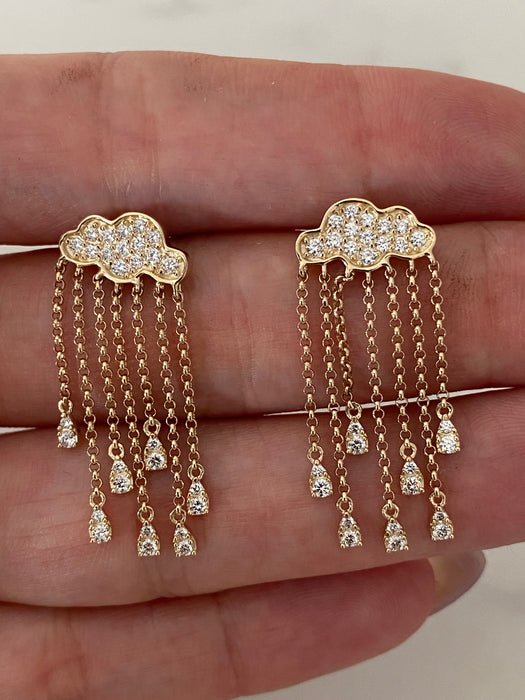 14K Natural Diamond Cloud Rain Drop Stud Earrings