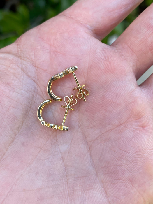 14K Gold Double Star Diamond J Huggie Hoop Earrings