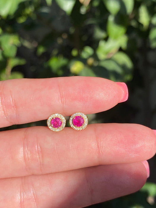 14k ruby diamond halo stud earrings