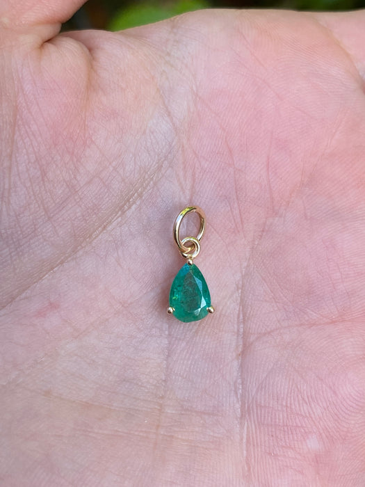 14K Gold Pear Cut Emerald Charm Pendant