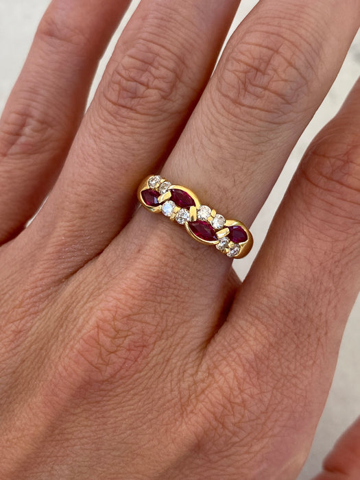 Vintage 18K Ruby and Diamond Swirl Ring – Marquise Rubies – 0.74 TCW Rubies – Size 6