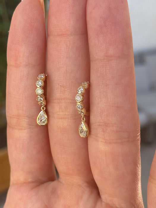 14K Gold Lab Diamond Bezel Huggie Earrings with Pear Drop