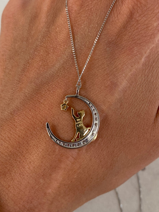 Vintage Platinum 900 & 18K Gold Diamond Crescent Moon & Cat Pendant – 0.23 CTW Natural Diamonds