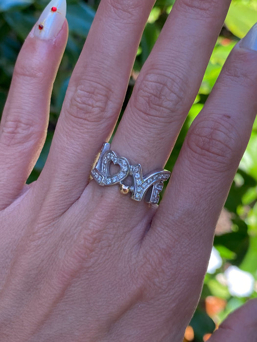 Vintage 18K White Gold Diamond Love Ring with Rose Gold Heart