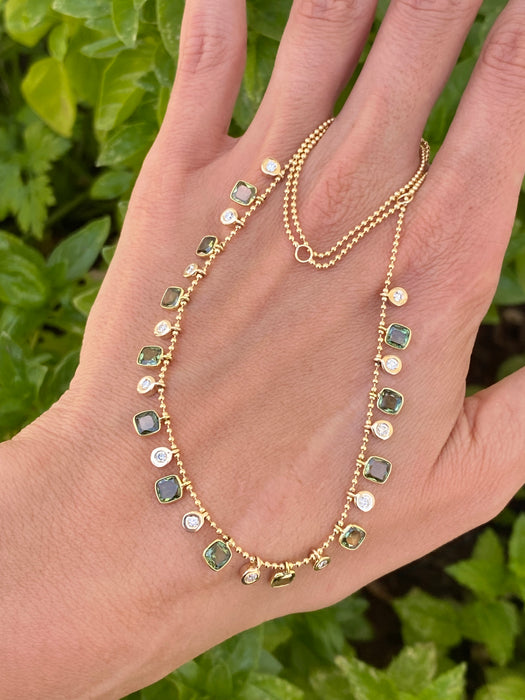 14K Gold Green Sapphire & Diamond Bead Necklace – 4.8 Carat Sapphire & 0.46 CTW Natural Diamond Charms