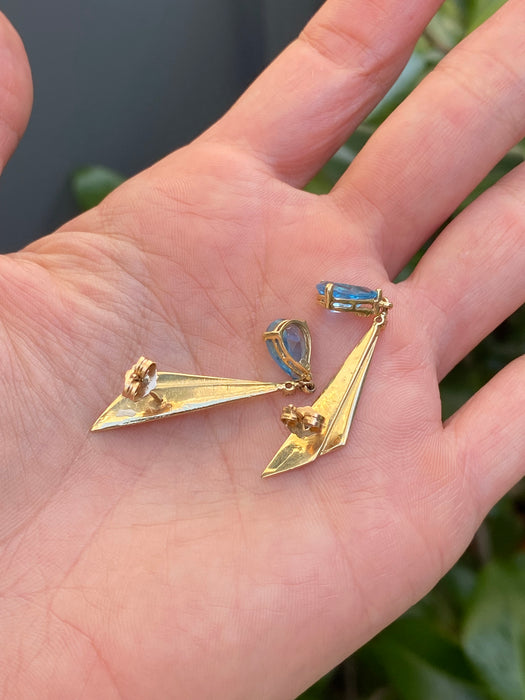 Vintage 14K Gold Blue Topaz Diamond Dangle Earrings