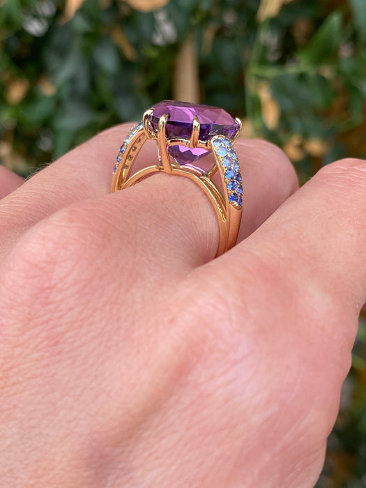 18K Gold Heart Amethyst & Ombre Sapphire Heart Ring