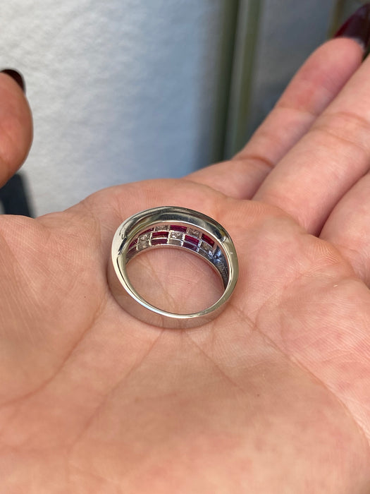 Platinum 900 ruby diamond checkerboard ring size 6.5