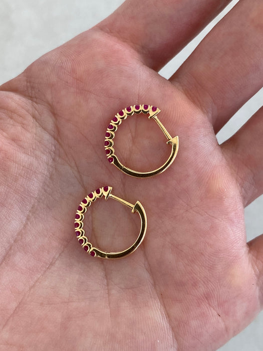 14K Gold Natural Ruby Huggie Hoop Earrings