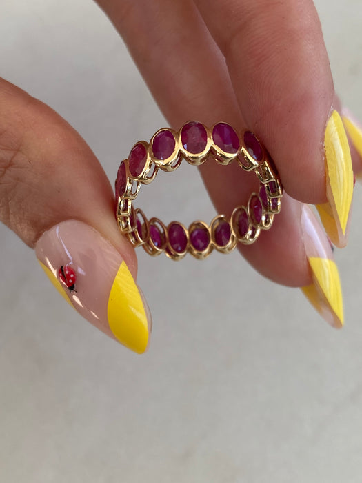 14K Gold 4.79 Carat Bezel Set Oval Ruby Eternity Ring Size 7.5