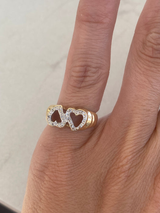 Vintage 14K Gold Double Heart Diamond Pinky Ring