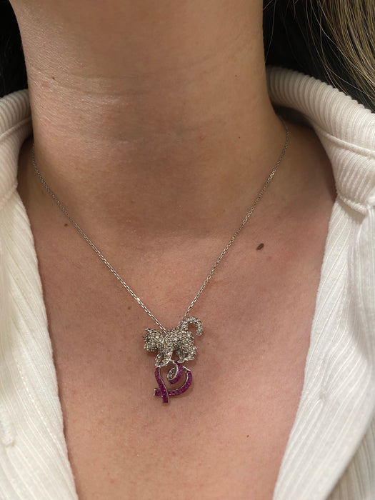 Vintage 18K White Gold Diamond & Ruby Cat Slider Charm