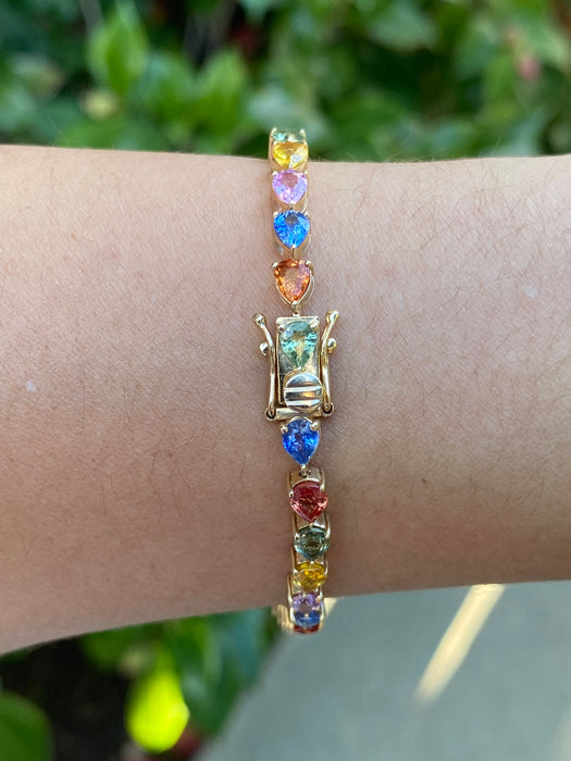 14k Gold Pear Cut Rainbow Sapphire Tennis Bracelet | Multicolor Sapphire Bracelet