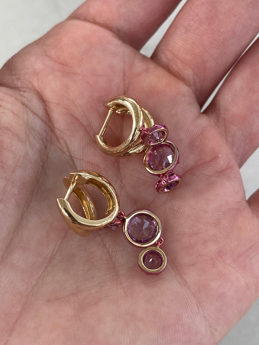 14K Gold Double Huggy Amethyst Drop Earrings with Pink Rhodium Accents