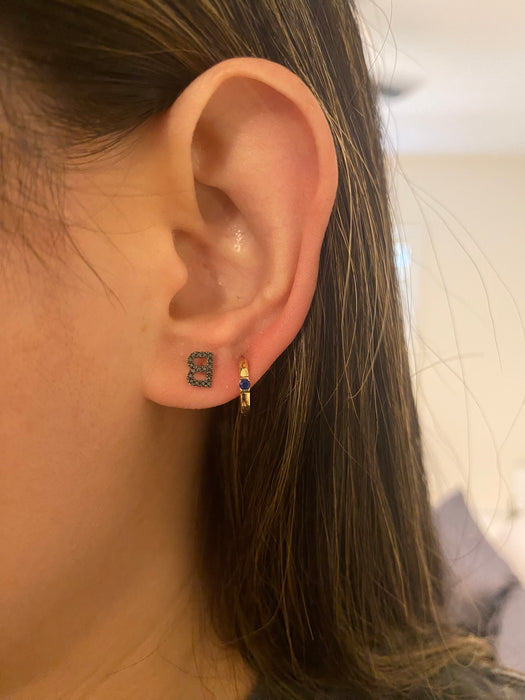 14k white gold black diamond initial letter B single stud earring