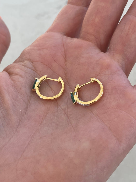 14K Gold Emerald & Diamond Marquise Huggie Earrings
