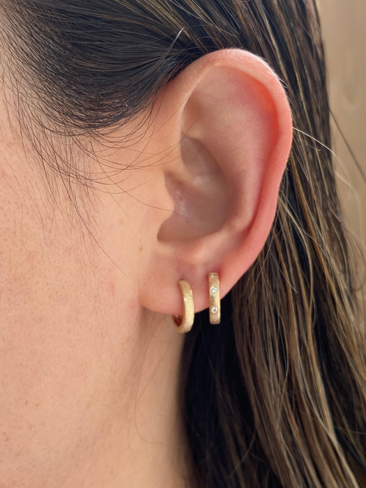 14K Gold Brushed Diamond Huggie Earrings