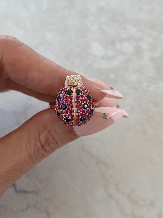18K Rose Gold Ruby & Diamond Ladybug Ring with Hidden Opal