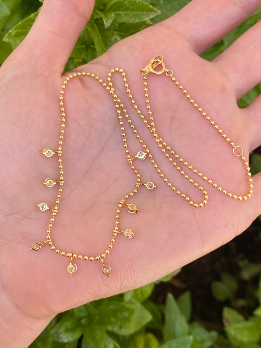 Vintage 18K Gold Bead Necklace with 0.9 TCW Diamond Charms