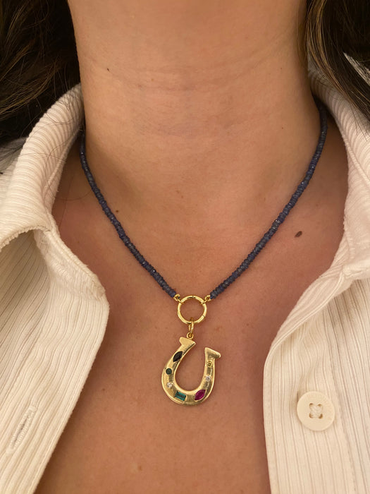 14k Gold Blue Sapphire Beaded Necklace With 14k Connector Charm 16.75”