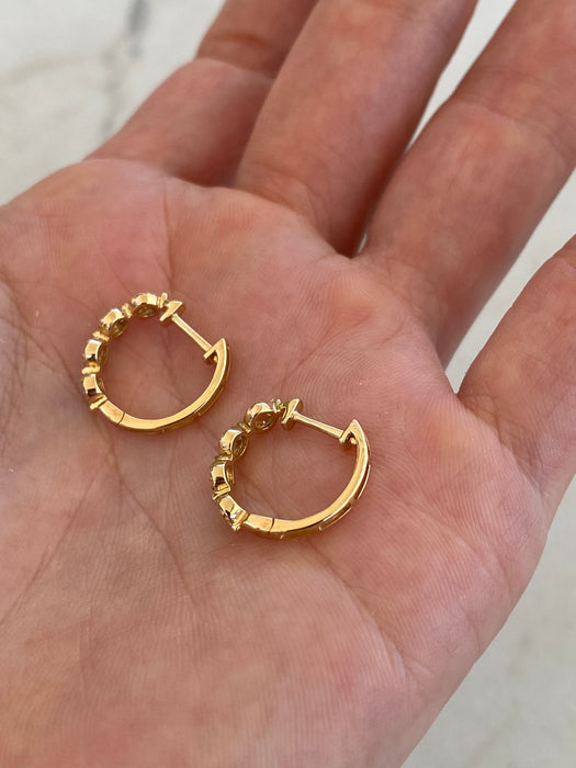 14K Gold Diamond Huggie Earrings – Floral Disc Design