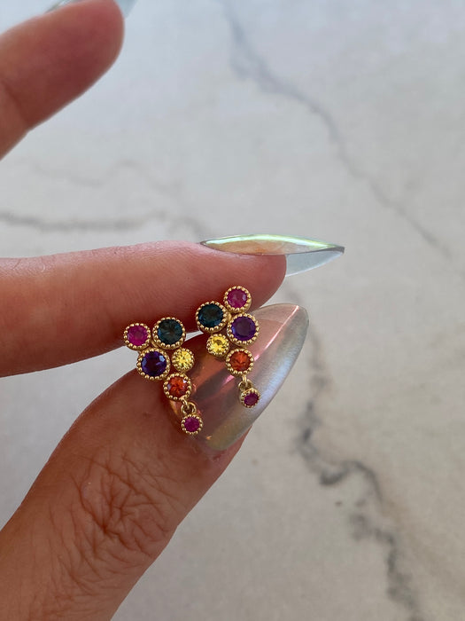 14K Natural Rainbow Gemstone Cluster Stud Earrings