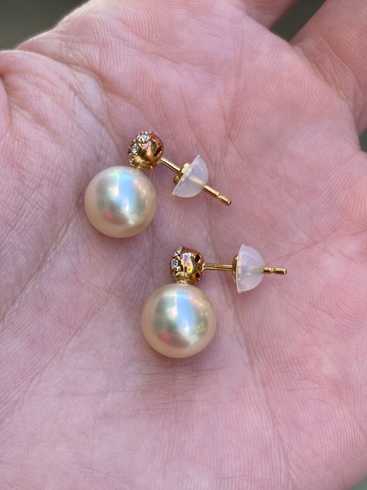 Vintage 18K Gold Diamond & Pearl Earrings