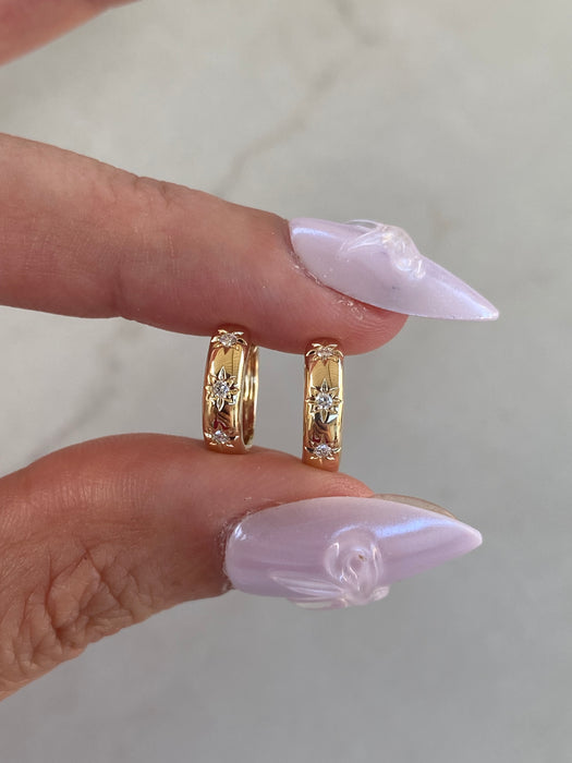 14K Diamond Starburst Mini Huggie Earrings