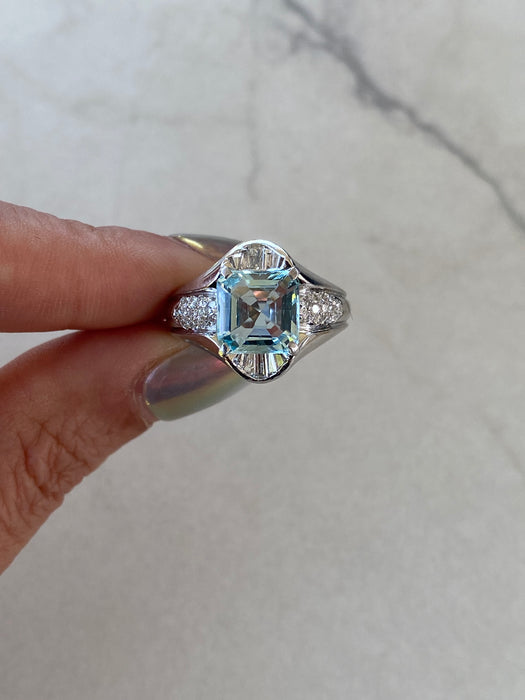 Vintage Platinum 900 Step-Cut Aquamarine & Natural Diamond Ring – 2.02 Carats