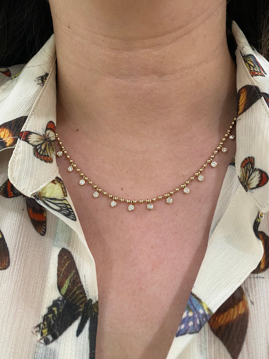 14k bead necklace with bezel set diamond charms