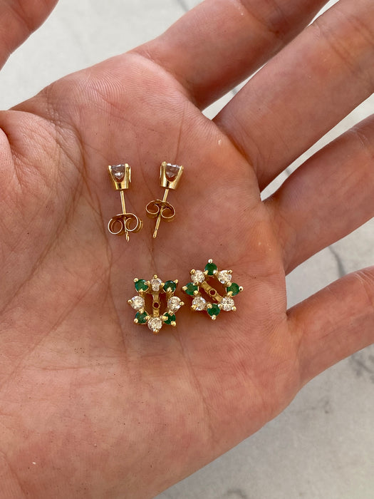 Vintage 14K Diamond Stud Earrings with Removable Emerald & Diamond Jackets