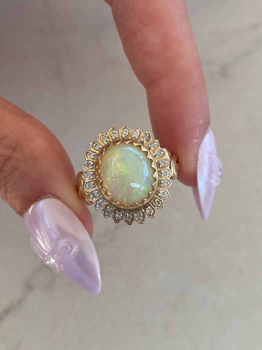 Vintage 10K Opal & Diamond Flower Ring